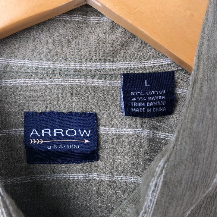 90s-00'S Arrow Willow Crepe Short Sleeve Cotton Striped Box Shirt, Men's Size L cotton Khaki type Vintage Second Hand