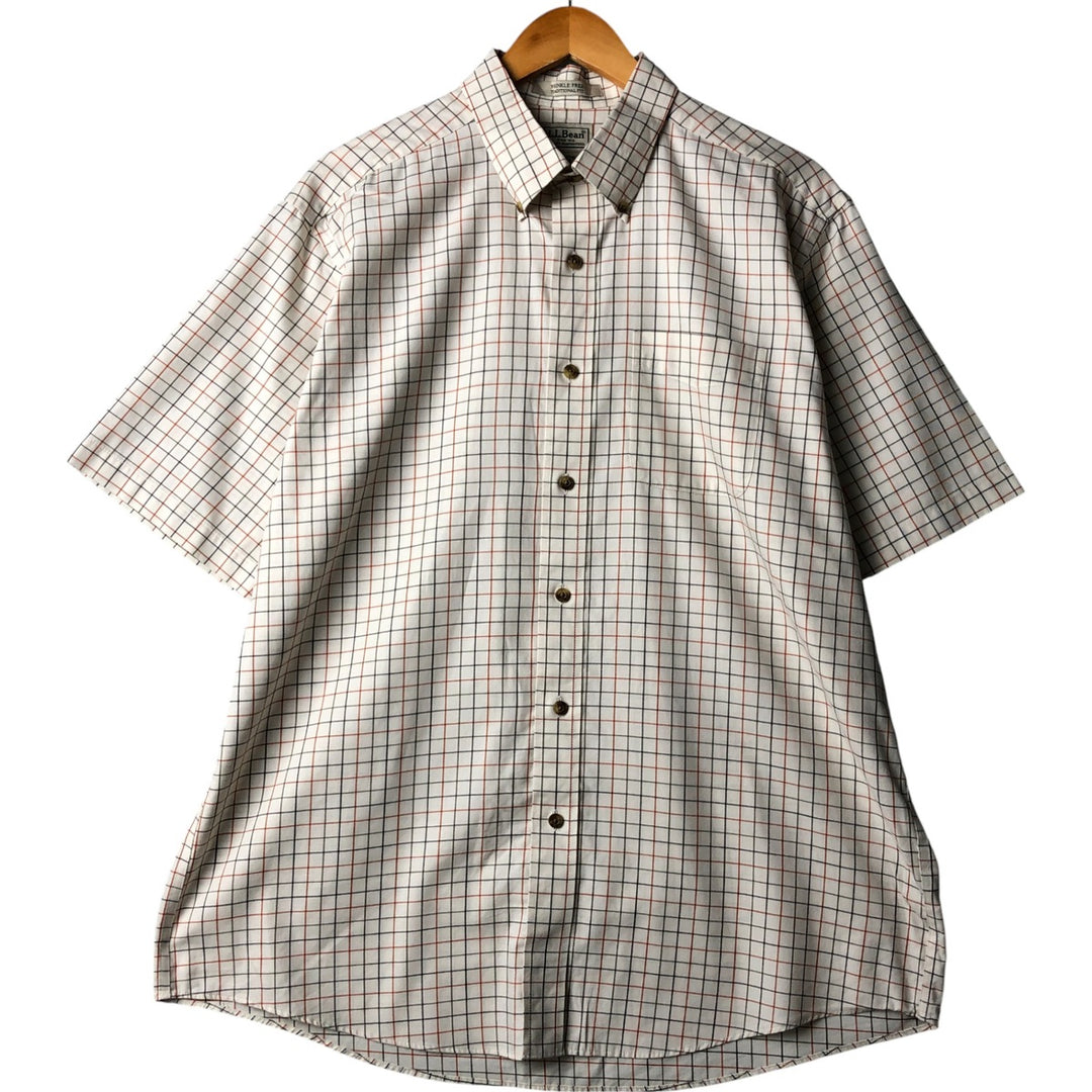 90s-00'S LL Bean WRINKLE FREE TRADITIONAL FIT Short Sleeve Button-Down Check Shirt, Men's Size L, Vintage cotton pale white type Vintage Second Hand