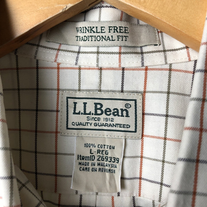 90s-00'S LL Bean WRINKLE FREE TRADITIONAL FIT Short Sleeve Button-Down Check Shirt, Men's Size L, Vintage cotton pale white type Vintage Second Hand