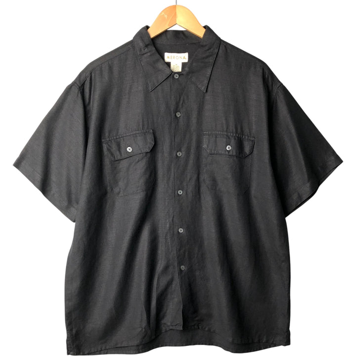 MERONA Short Sleeve Linen x Rayon Shirt, Box Shirt, Men's M Size linen black type Vintage Second Hand