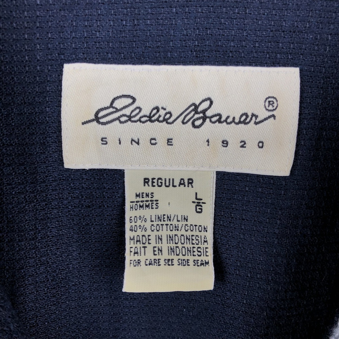 90s-00'S Eddie Bauer Long-Sleeve Linen Button-Down Shirt, Made in Indonesia, Men's Size L (Equivalent), Vintage linen navy blue type Vintage Second Hand