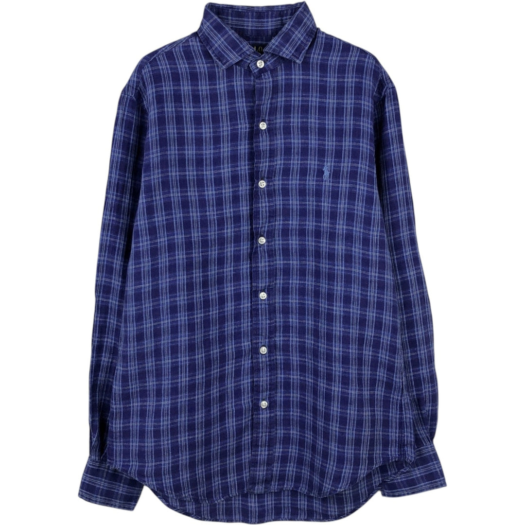 Ralph Lauren POLO RALPH LAUREN OCEAN WASH LINEN Check Pattern Wide Collar Long Sleeve Linen Shirt (Men's Size S) linen blue type Vintage Second Hand
