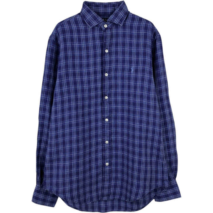 Ralph Lauren POLO RALPH LAUREN OCEAN WASH LINEN Check Pattern Wide Collar Long Sleeve Linen Shirt (Men's Size S) linen blue type Vintage Second Hand