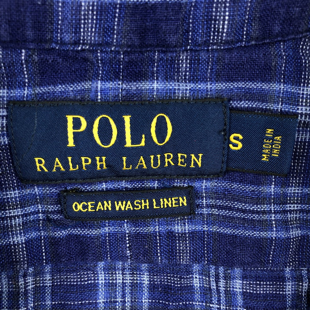 Ralph Lauren POLO RALPH LAUREN OCEAN WASH LINEN Check Pattern Wide Collar Long Sleeve Linen Shirt (Men's Size S) linen blue type Vintage Second Hand