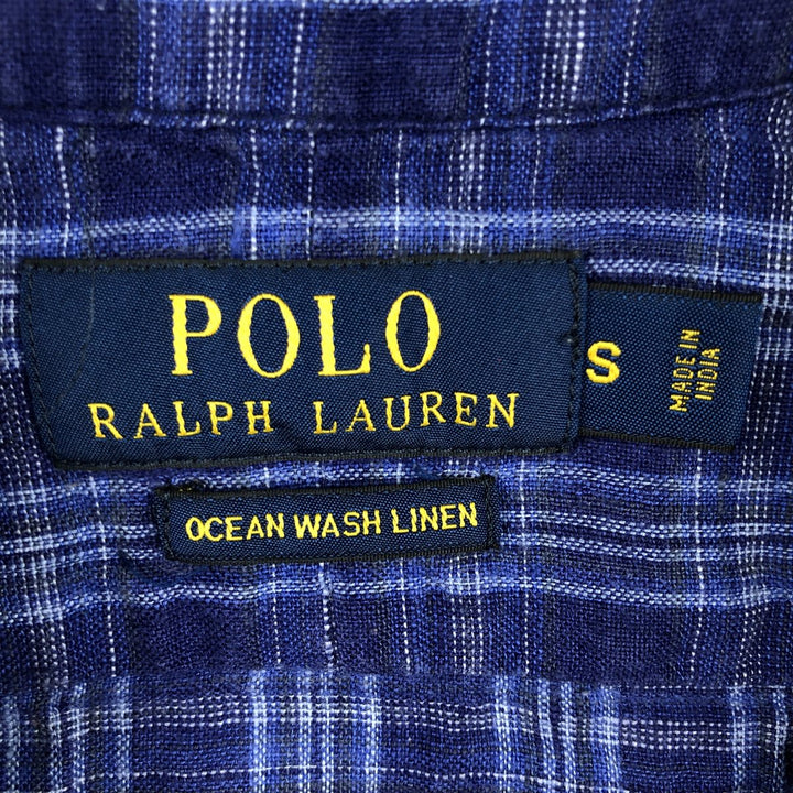 Ralph Lauren POLO RALPH LAUREN OCEAN WASH LINEN Check Pattern Wide Collar Long Sleeve Linen Shirt (Men's Size S) linen blue type Vintage Second Hand