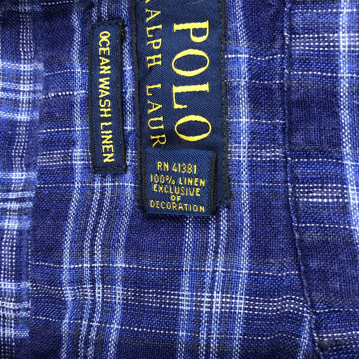 Ralph Lauren POLO RALPH LAUREN OCEAN WASH LINEN Check Pattern Wide Collar Long Sleeve Linen Shirt (Men's Size S) linen blue type Vintage Second Hand