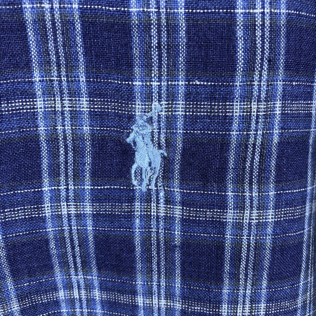 Ralph Lauren POLO RALPH LAUREN OCEAN WASH LINEN Check Pattern Wide Collar Long Sleeve Linen Shirt (Men's Size S) linen blue type Vintage Second Hand