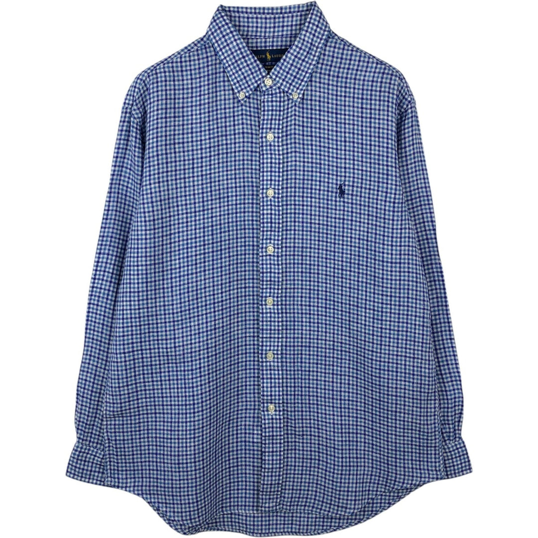 Ralph Lauren SLIM FIT Check Pattern Long Sleeve Linen Button-Down Shirt, Men's Size L (approx.) linen blue type Vintage Second Hand