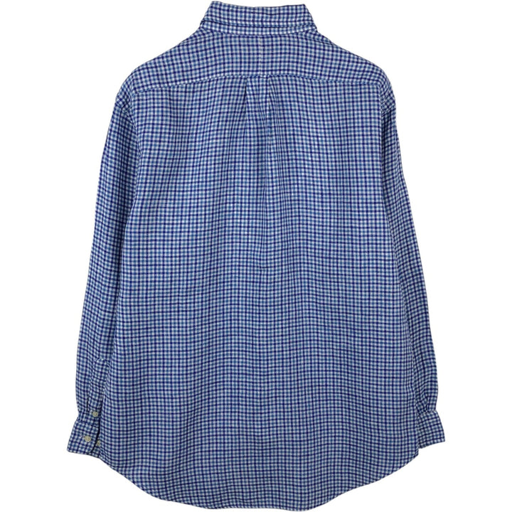 Ralph Lauren SLIM FIT Check Pattern Long Sleeve Linen Button-Down Shirt, Men's Size L (approx.) linen blue type Vintage Second Hand