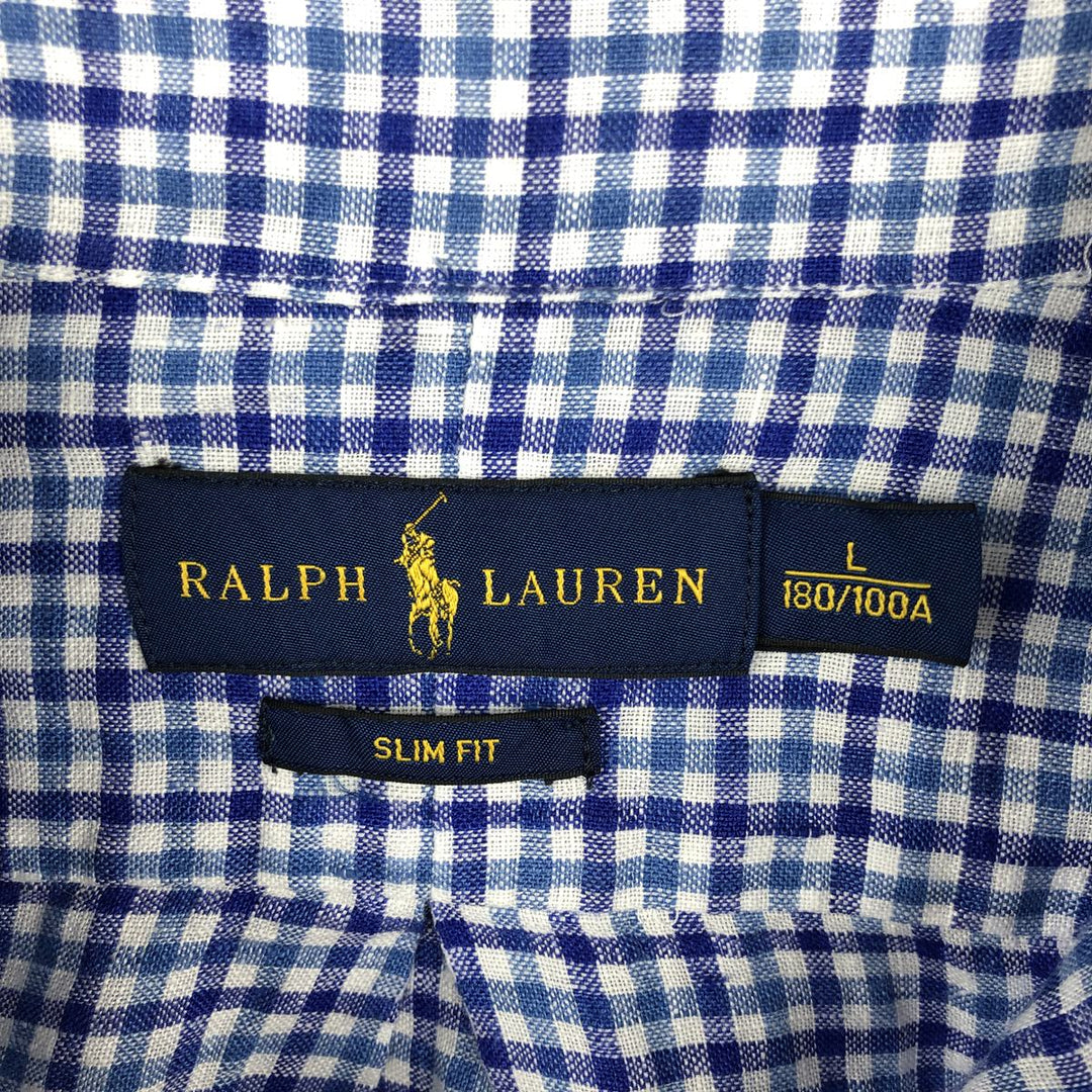 Ralph Lauren SLIM FIT Check Pattern Long Sleeve Linen Button-Down Shirt, Men's Size L (approx.) linen blue type Vintage Second Hand