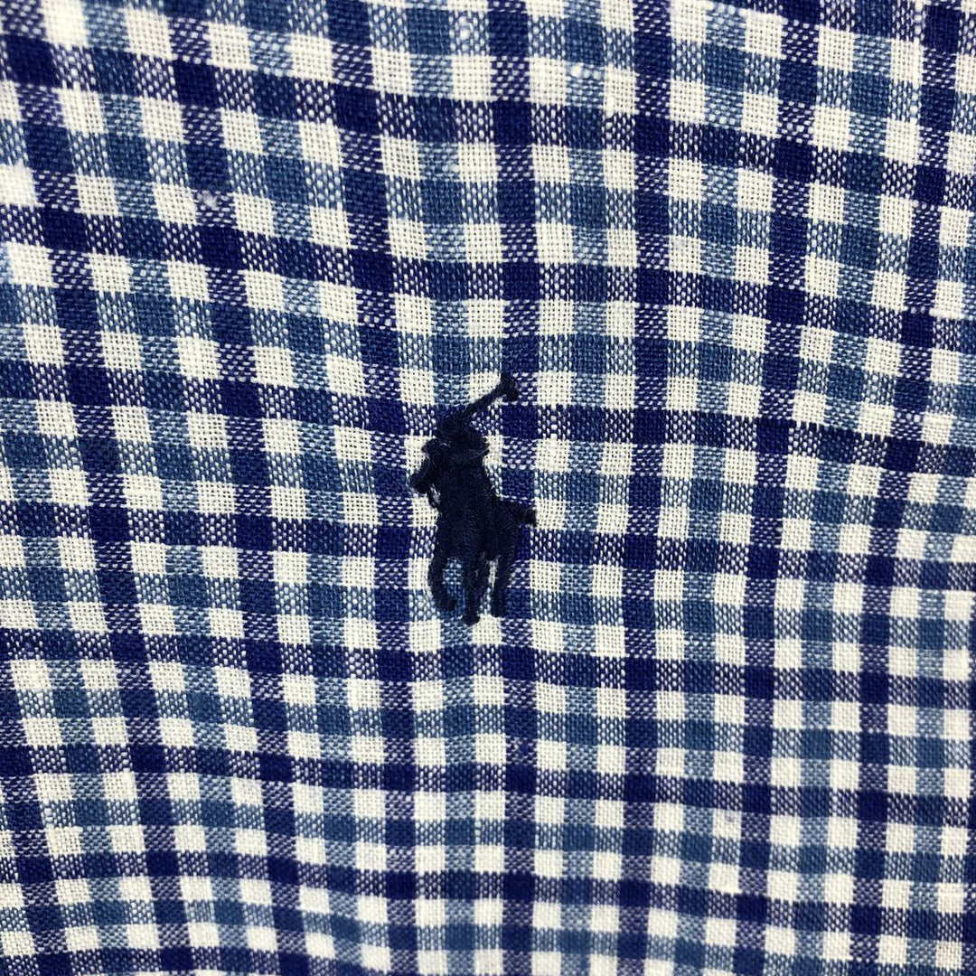 Ralph Lauren SLIM FIT Check Pattern Long Sleeve Linen Button-Down Shirt, Men's Size L (approx.) linen blue type Vintage Second Hand