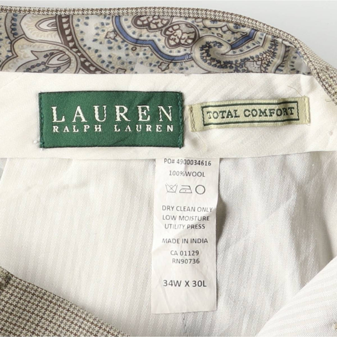 Ralph Lauren TOTAL COMFORT Check Pattern Two-pleat Wool Pants, Men's Size 36 wool Beige type Vintage Second Hand