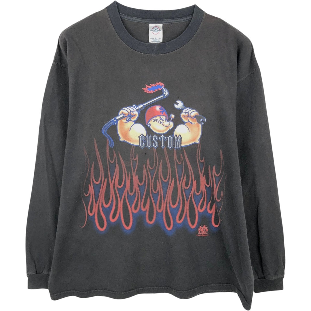 2000'S Delta Popeye Fire Pattern Character Print Long-Sleeve T-Shirt (Men's XL equivalent) cotton black type Vintage Second Hand