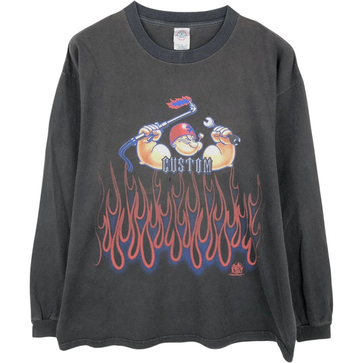 2000'S Delta Popeye Fire Pattern Character Print Long-Sleeve T-Shirt (Men's XL equivalent) cotton black type Vintage Second Hand