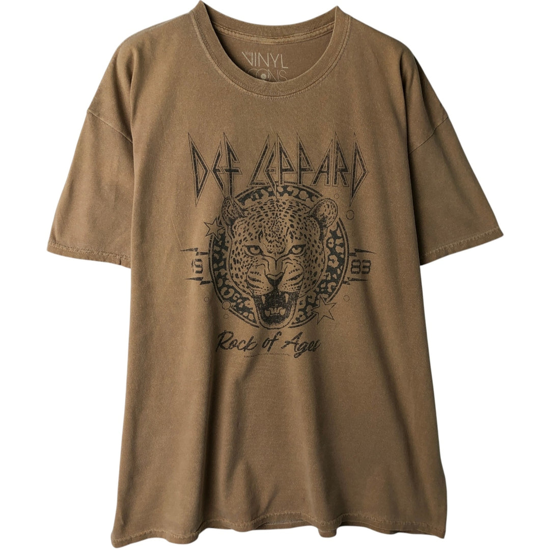 VINYL ICONS DEF LEPPARD Leopard Pattern Band T-Shirt (Men's Size L) cotton beige type brown Vintage Second Hand