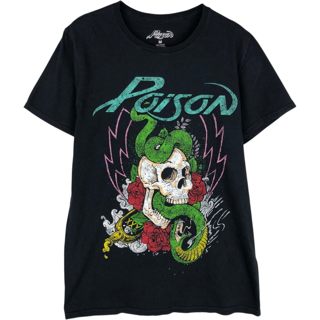 POISON Skull Pattern, Snake Pattern, Python Pattern, Floral Pattern Band T-shirt (Men's Size M) cotton black type Vintage Second Hand