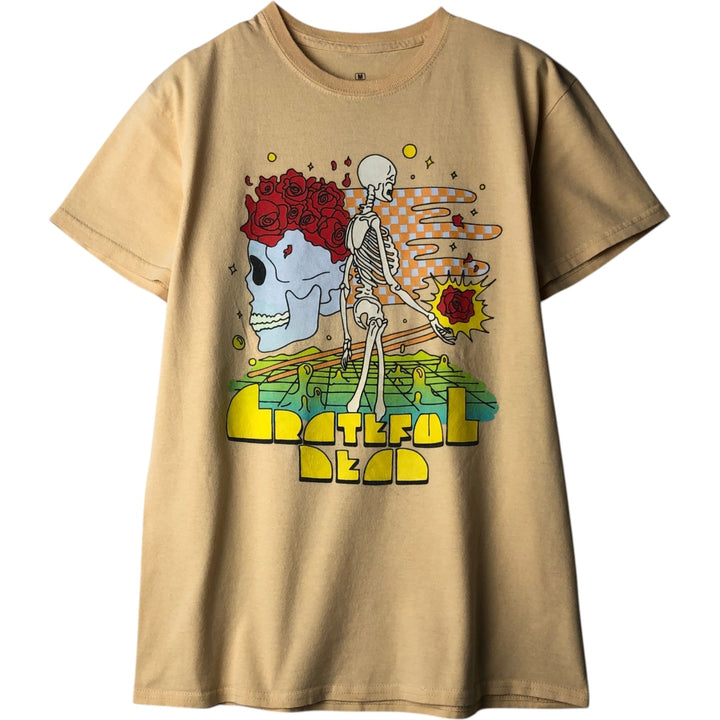 GRATEFUL DEAD Skull Pattern Floral Band T-Shirt (Men's Size M) cotton Beige type Vintage Second Hand