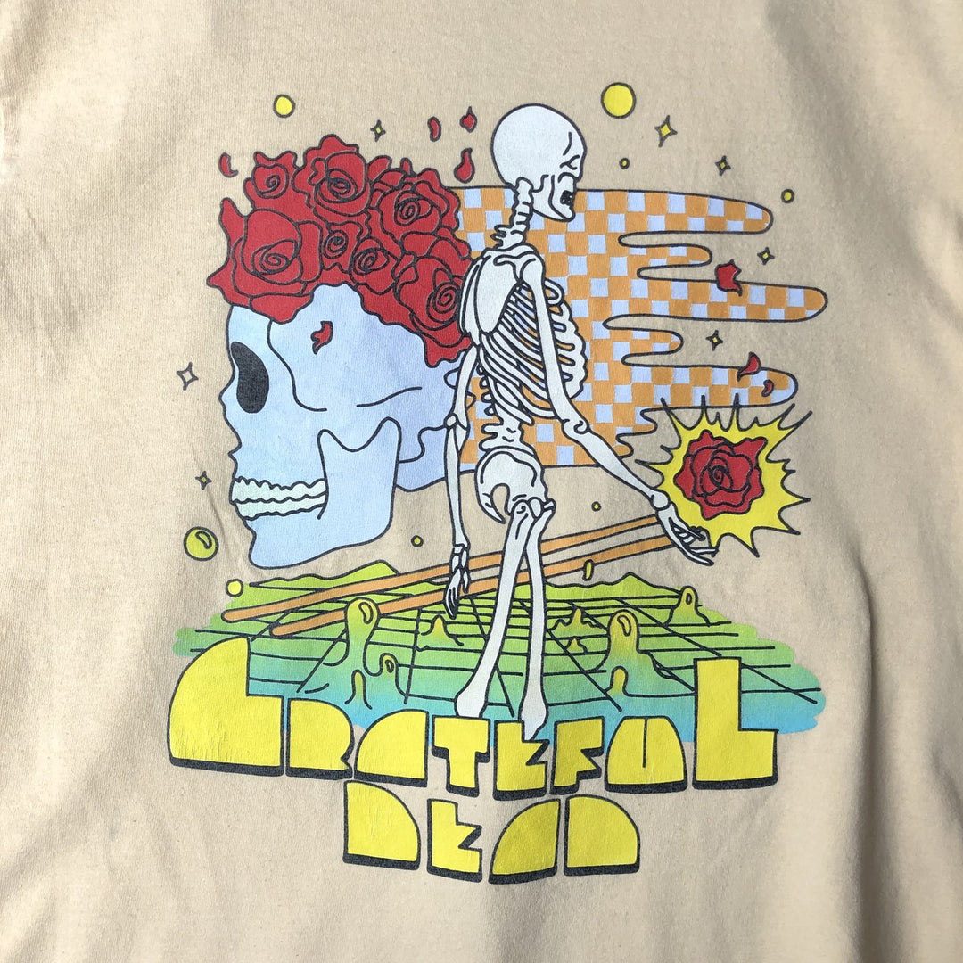 GRATEFUL DEAD Skull Pattern Floral Band T-Shirt (Men's Size M) cotton Beige type Vintage Second Hand