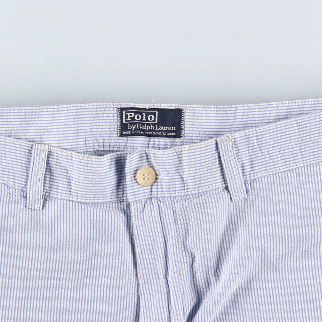1990'S Ralph Lauren POLO by Ralph Lauren seersucker stripe pattern slacks, made in USA, men's size W31 (approx.) cotton blue type Vintage Second Hand