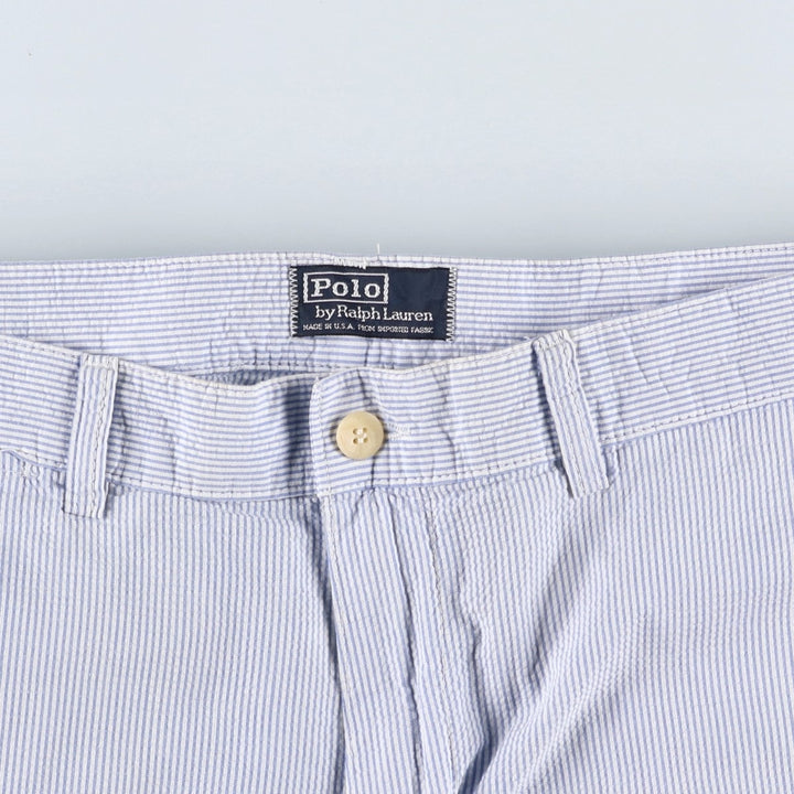 1990'S Ralph Lauren POLO by Ralph Lauren seersucker stripe pattern slacks, made in USA, men's size W31 (approx.) cotton blue type Vintage Second Hand
