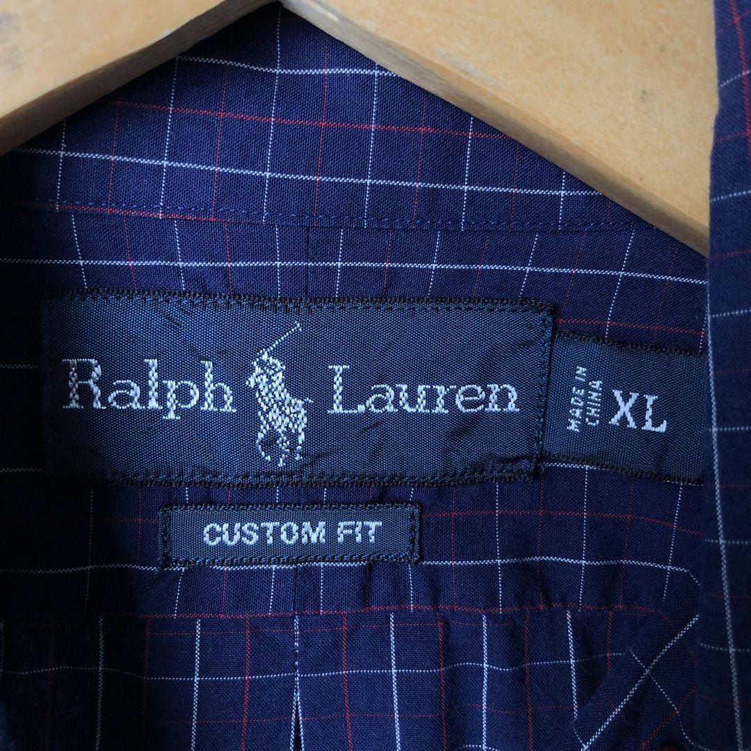 Ralph Lauren CUSTOM FIT long sleeve button down check shirt men's XL size cotton Navy blue Vintage Second Hand