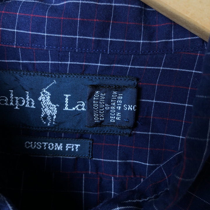 Ralph Lauren CUSTOM FIT long sleeve button down check shirt men's XL size cotton Navy blue Vintage Second Hand