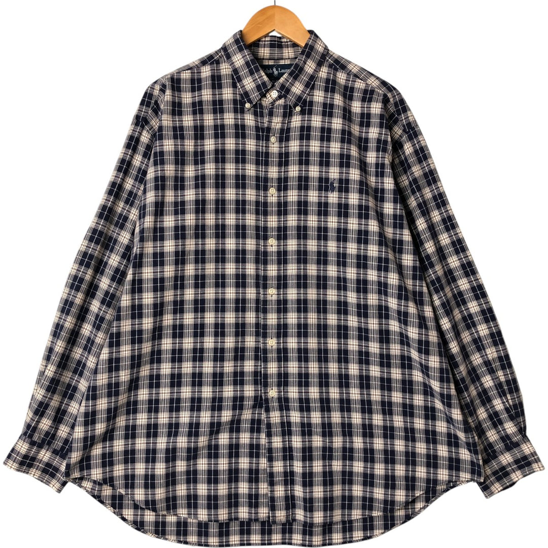 Ralph Lauren BLAIRE long sleeve button down check shirt, men's XL size cotton navy blue type Vintage Second Hand