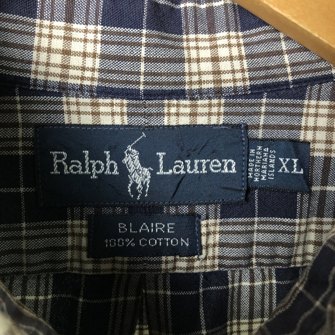 Ralph Lauren BLAIRE long sleeve button down check shirt, men's XL size cotton navy blue type Vintage Second Hand