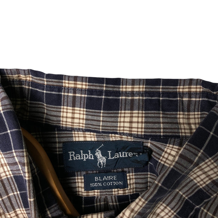 Ralph Lauren BLAIRE long sleeve button down check shirt, men's XL size cotton navy blue type Vintage Second Hand
