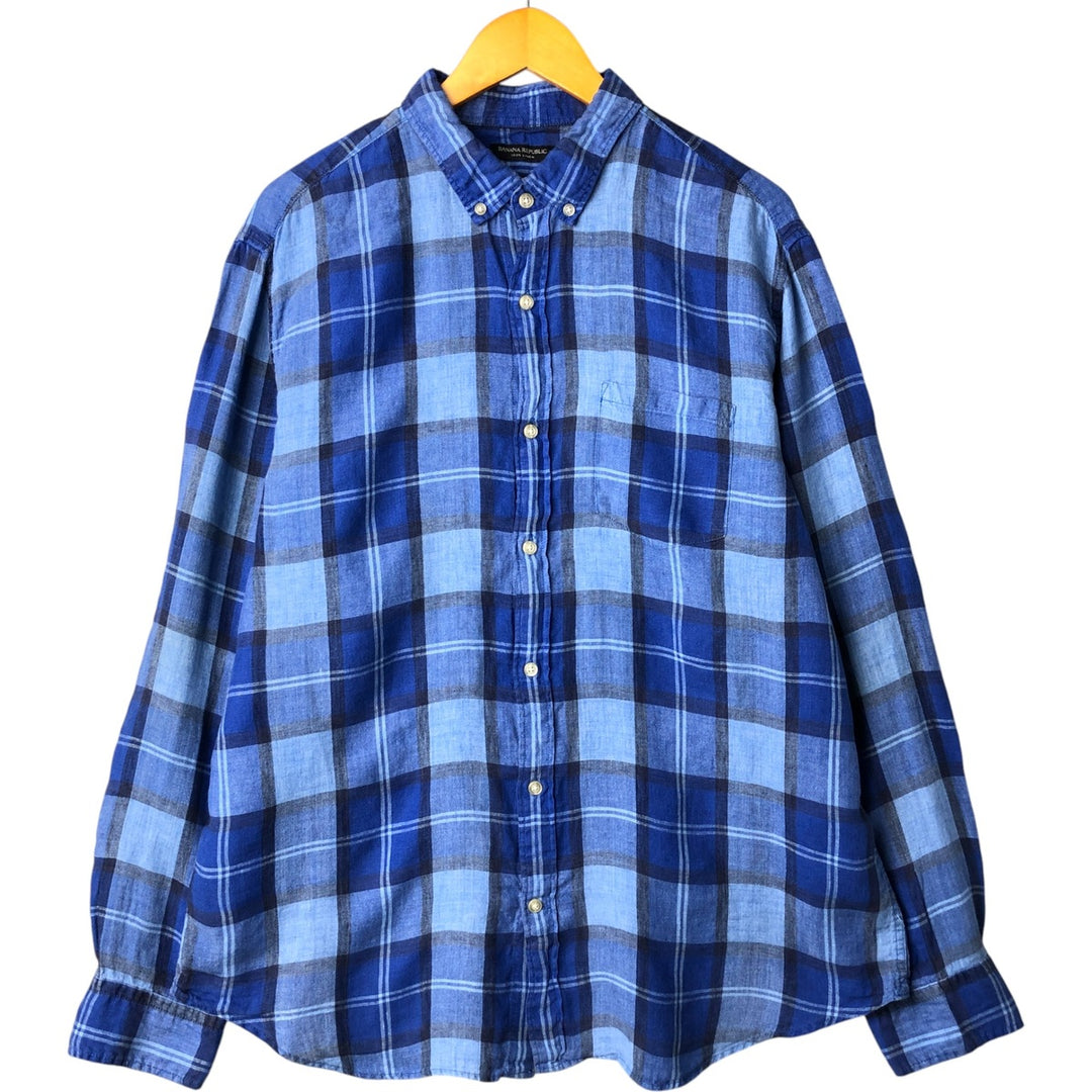 00'S Banana Republic Camden Fit Check Pattern Long Sleeve Linen Button Down Shirt Men's XL linen blue type Vintage Second Hand