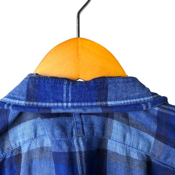 00'S Banana Republic Camden Fit Check Pattern Long Sleeve Linen Button Down Shirt Men's XL linen blue type Vintage Second Hand