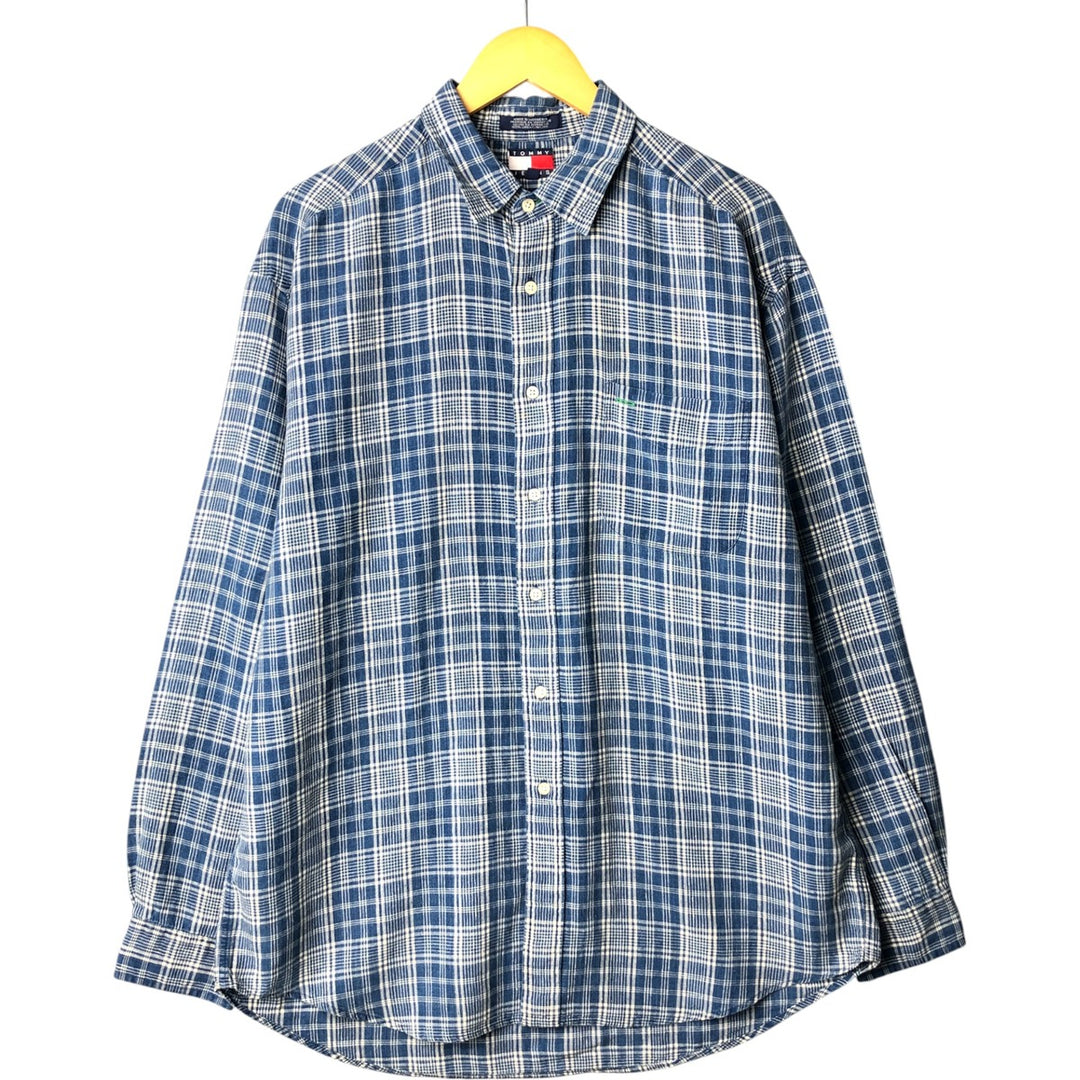 90'S ~ Tommy Hilfiger TOMMY HILFIGER JEANS Check Pattern Long Sleeve Linen Shirt Men's L Size Vintage linen blue type Vintage Second Hand