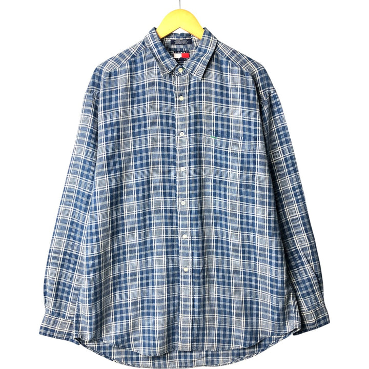 90'S ~ Tommy Hilfiger TOMMY HILFIGER JEANS Check Pattern Long Sleeve Linen Shirt Men's L Size Vintage linen blue type Vintage Second Hand