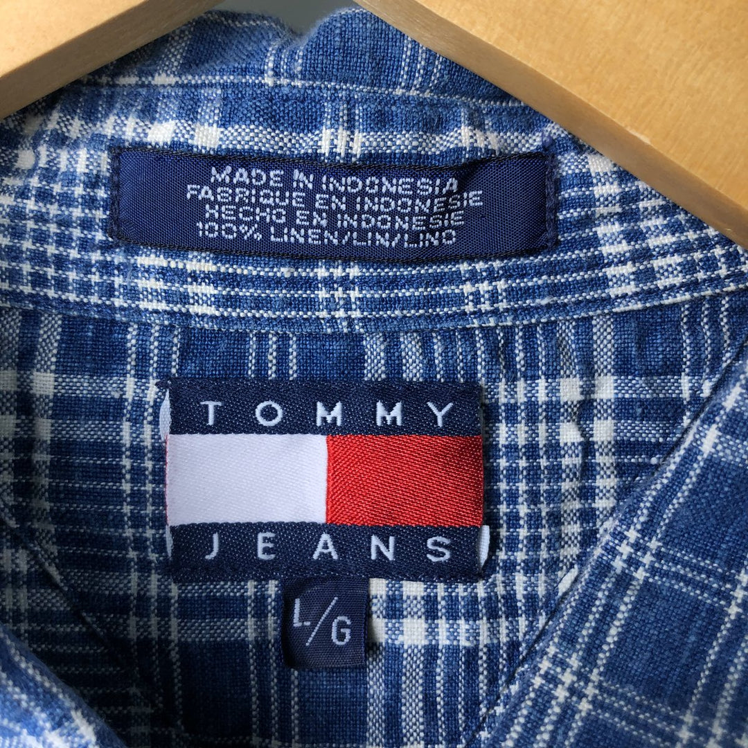 90'S ~ Tommy Hilfiger TOMMY HILFIGER JEANS Check Pattern Long Sleeve Linen Shirt Men's L Size Vintage linen blue type Vintage Second Hand