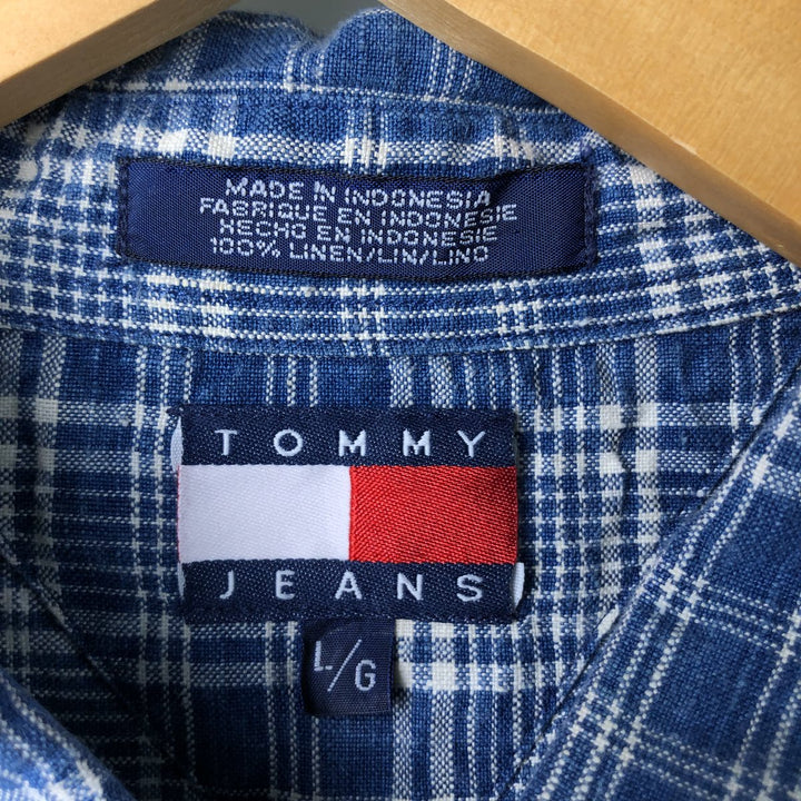 90'S ~ Tommy Hilfiger TOMMY HILFIGER JEANS Check Pattern Long Sleeve Linen Shirt Men's L Size Vintage linen blue type Vintage Second Hand