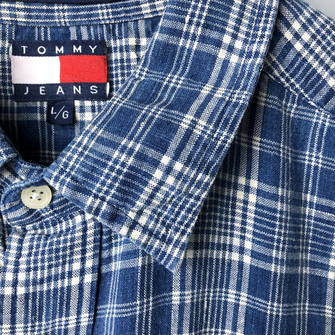 90'S ~ Tommy Hilfiger TOMMY HILFIGER JEANS Check Pattern Long Sleeve Linen Shirt Men's L Size Vintage linen blue type Vintage Second Hand