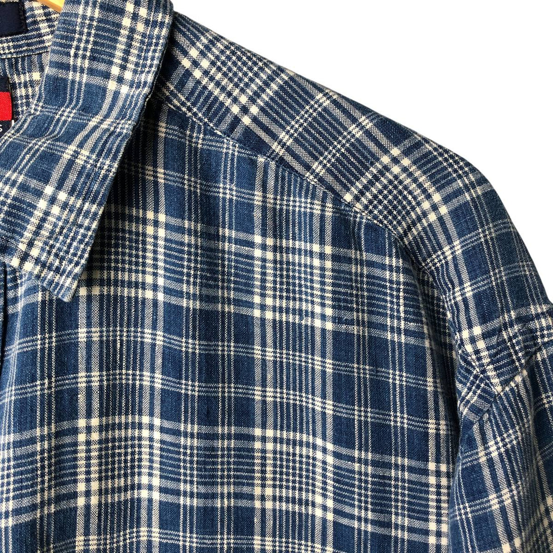 90'S ~ Tommy Hilfiger TOMMY HILFIGER JEANS Check Pattern Long Sleeve Linen Shirt Men's L Size Vintage linen blue type Vintage Second Hand