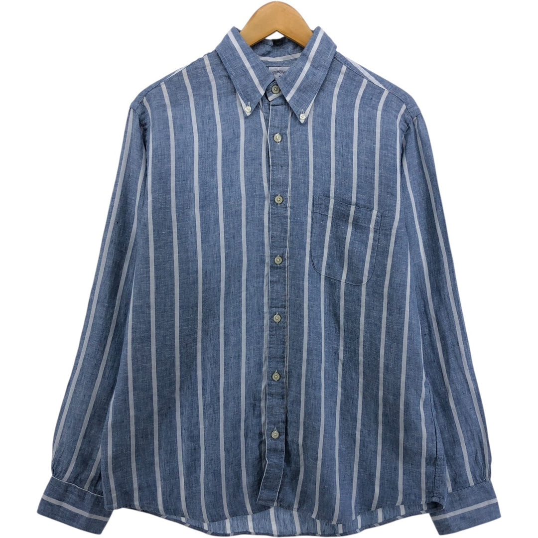 Brooks Brothers 1818 Stripe Pattern Long Sleeve Linen Button Down Shirt, Men's Size M linen blue type Vintage Second Hand