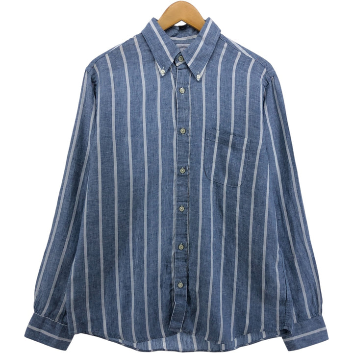 Brooks Brothers 1818 Stripe Pattern Long Sleeve Linen Button Down Shirt, Men's Size M linen blue type Vintage Second Hand