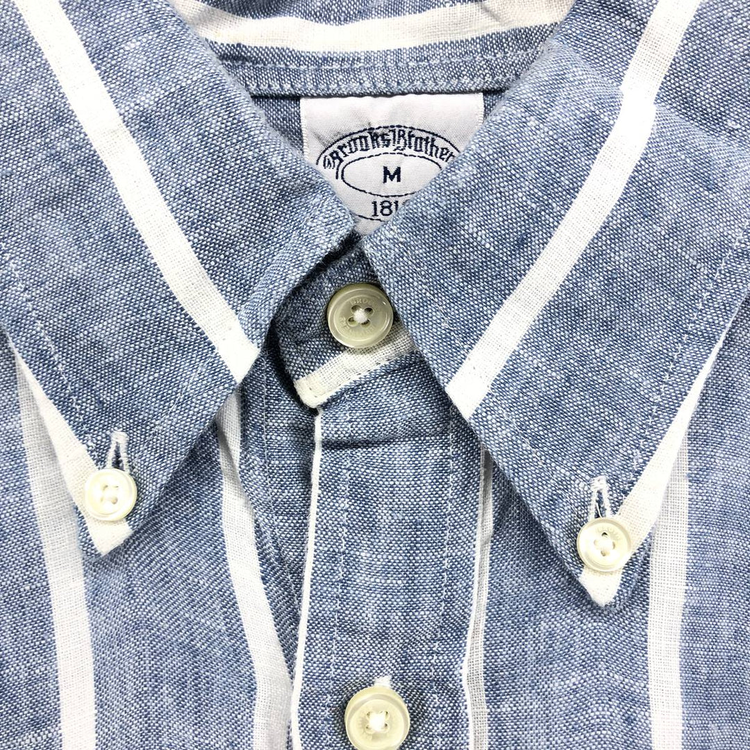 Brooks Brothers 1818 Stripe Pattern Long Sleeve Linen Button Down Shirt, Men's Size M linen blue type Vintage Second Hand
