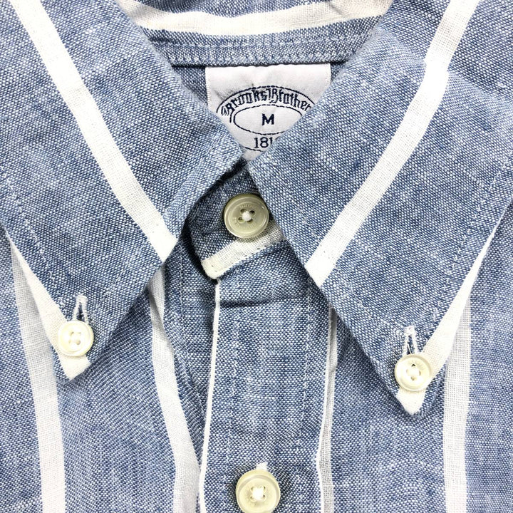 Brooks Brothers 1818 Stripe Pattern Long Sleeve Linen Button Down Shirt, Men's Size M linen blue type Vintage Second Hand