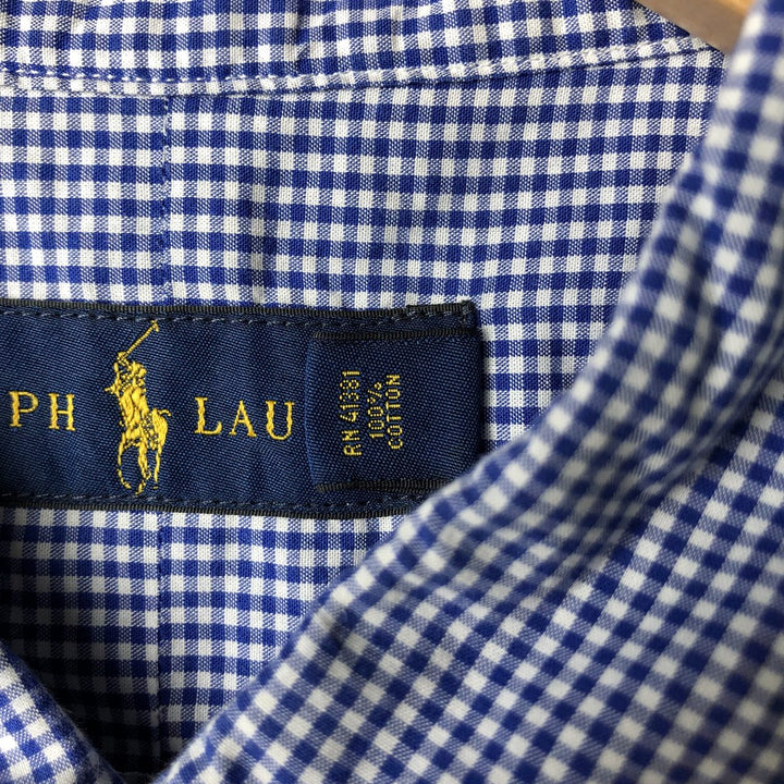 Ralph Lauren POLO RALPH LAUREN Gingham check short sleeve button down check shirt Men's L size cotton blue type Vintage Second Hand