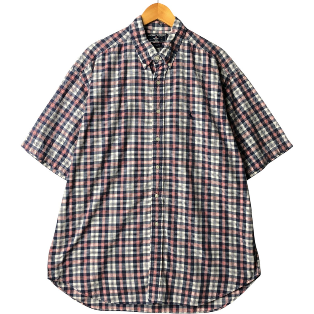 Vintage Ralph Lauren POLO SPORT short-sleeved button-down checked shirt, men's size XL cotton navy blue type Vintage Second Hand