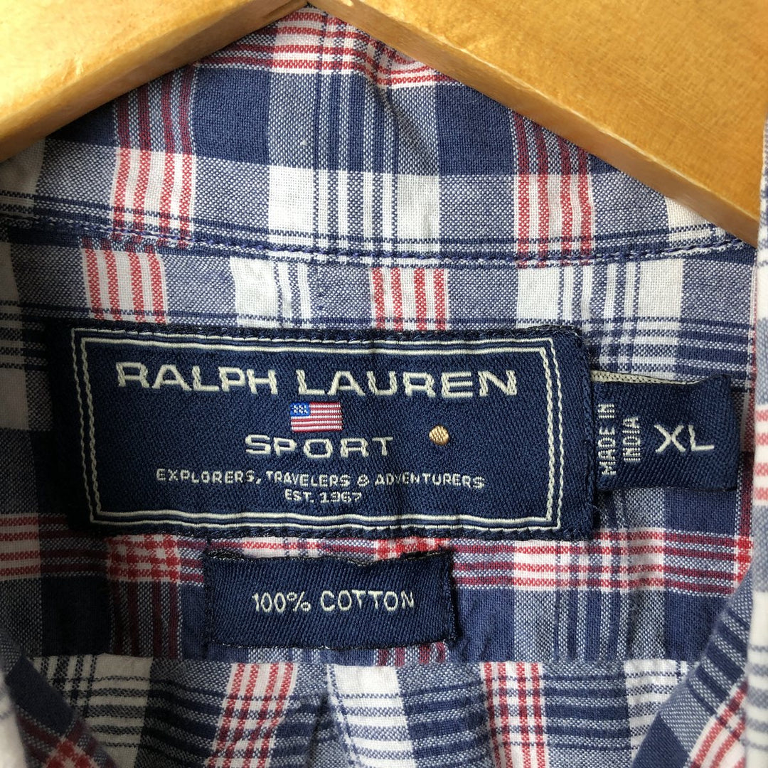 Vintage Ralph Lauren POLO SPORT short-sleeved button-down checked shirt, men's size XL cotton navy blue type Vintage Second Hand