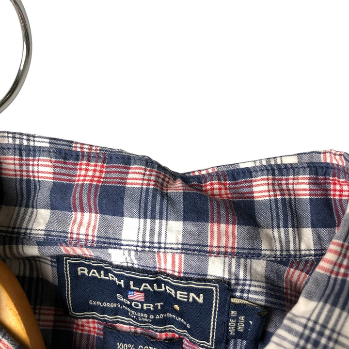 Vintage Ralph Lauren POLO SPORT short-sleeved button-down checked shirt, men's size XL cotton navy blue type Vintage Second Hand
