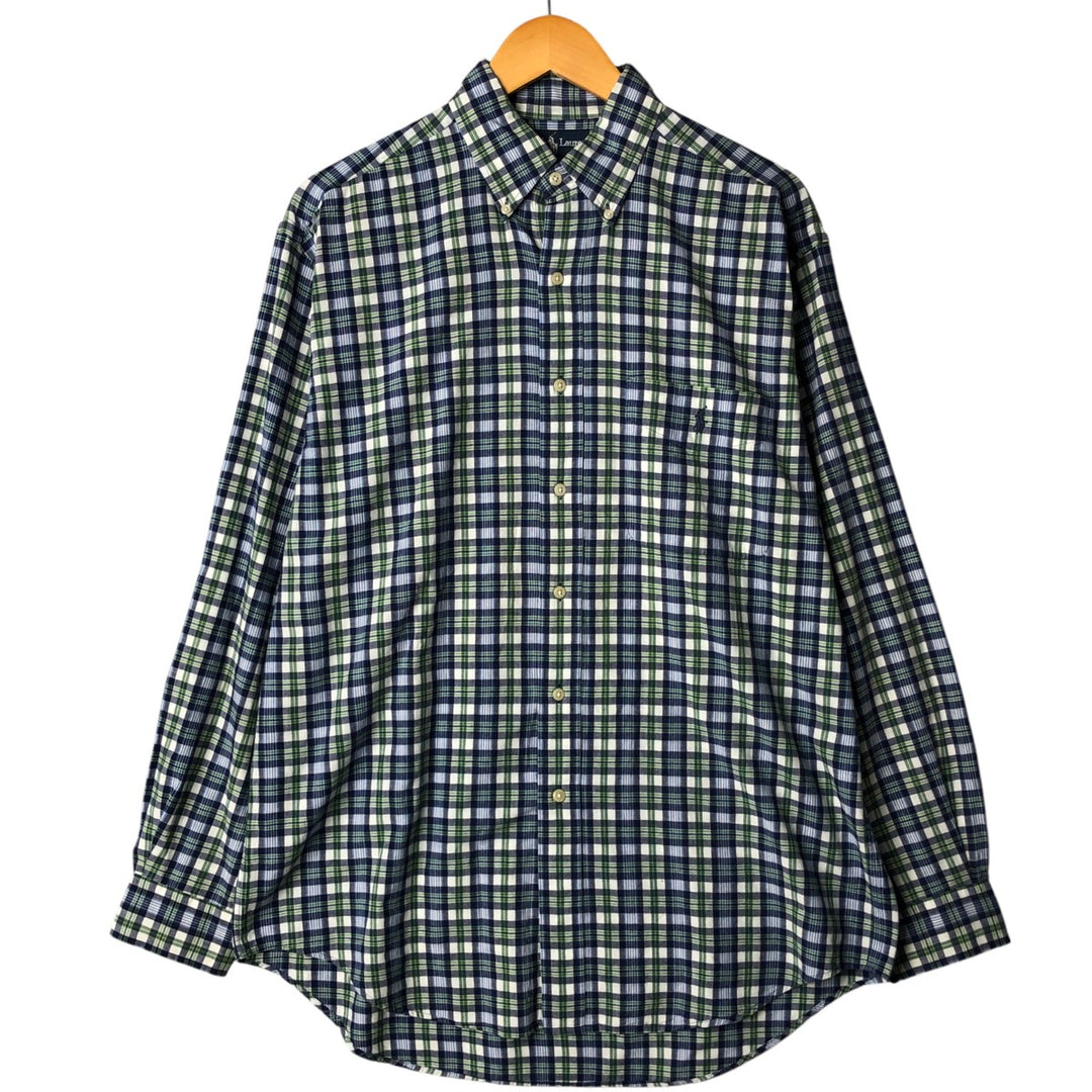 Ralph Lauren BLAIRE long sleeve button down check shirt, men's size M cotton Navy blue Vintage Second Hand