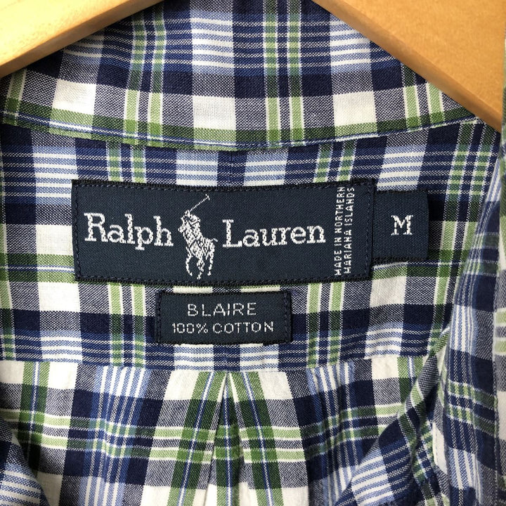 Ralph Lauren BLAIRE long sleeve button down check shirt, men's size M cotton Navy blue Vintage Second Hand