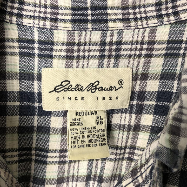 Eddie Bauer Tartan Check Long Sleeve Linen Button-Down Shirt, Men's Size XL linen white type Vintage Second Hand