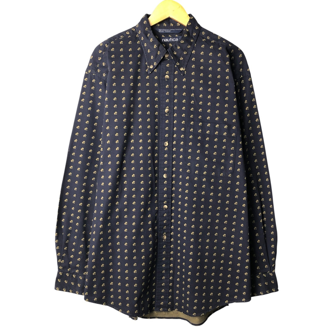 90s-00'S Nautica all-over print long-sleeve button-down shirt, men's size XL cotton navy blue type Vintage Second Hand
