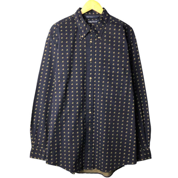 90s-00'S Nautica all-over print long-sleeve button-down shirt, men's size XL cotton navy blue type Vintage Second Hand